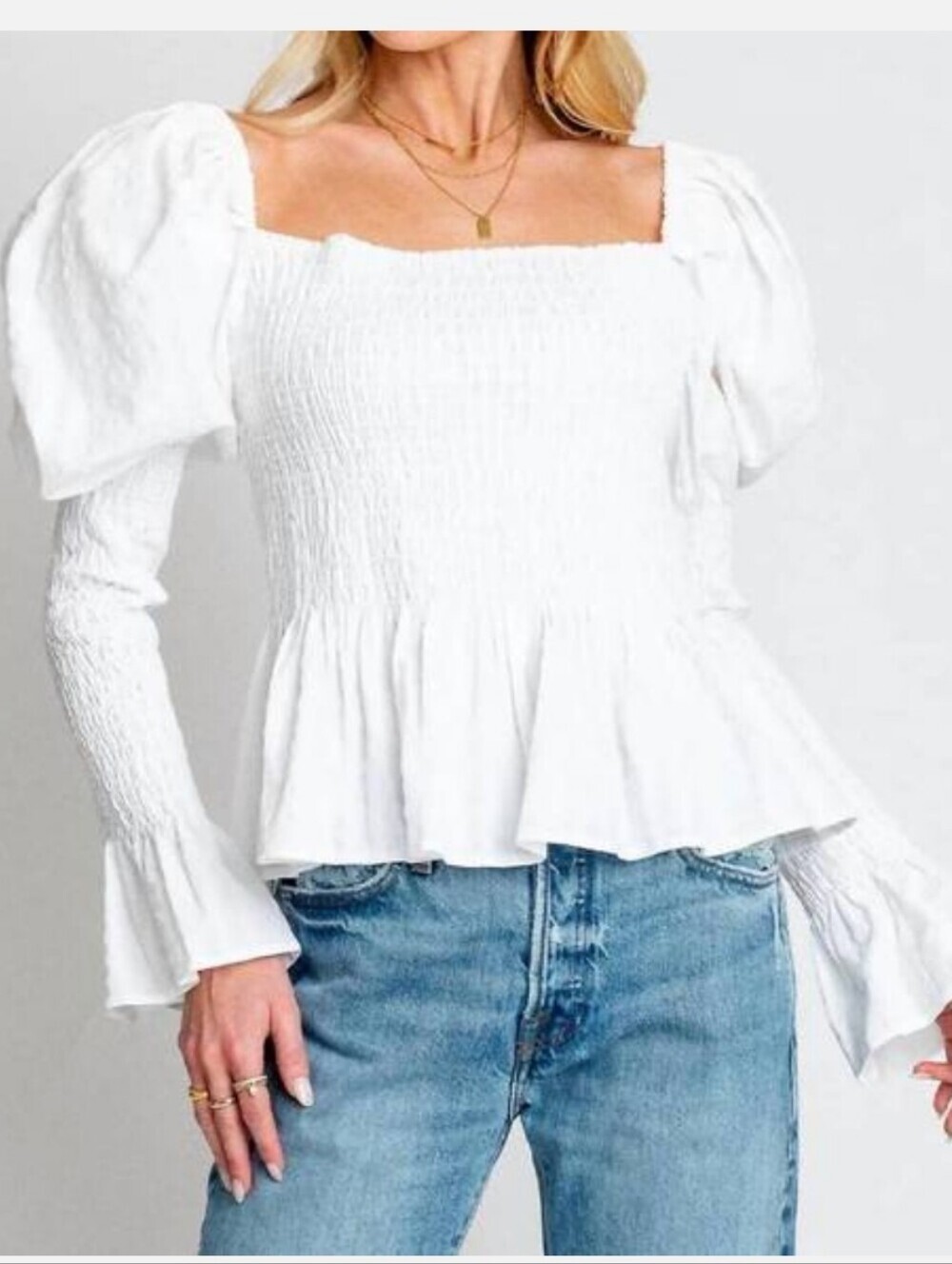 Monte USA Smocked Peplum Puff Sleeve Renaissance Peasant Square Neck Top S